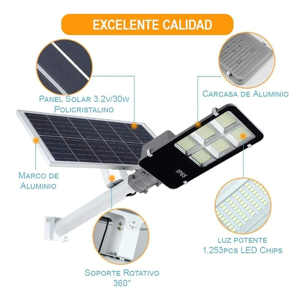 💡Luminaria solar LED 200W - 180° - IP65 + tubo + panel